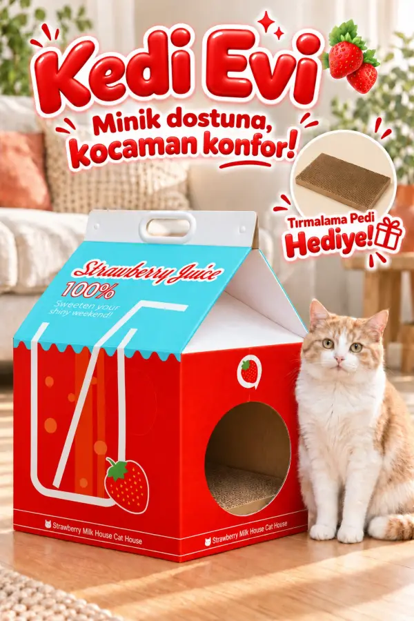Çilek Desenli Karton Kedi Evi – Katlanabilir Süt Kutusu Tasarımı, Tırmalama Pedi Hediyeli Sempatik Kevi Yuvası