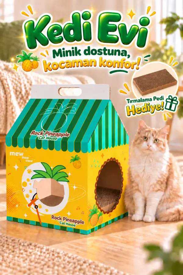 Ananas Desenli Karton Kedi Evi – Katlanabilir Süt Kutusu Tasarımı, Tırmalama Pedi Hediyeli Sempatik Kedi Yuvası