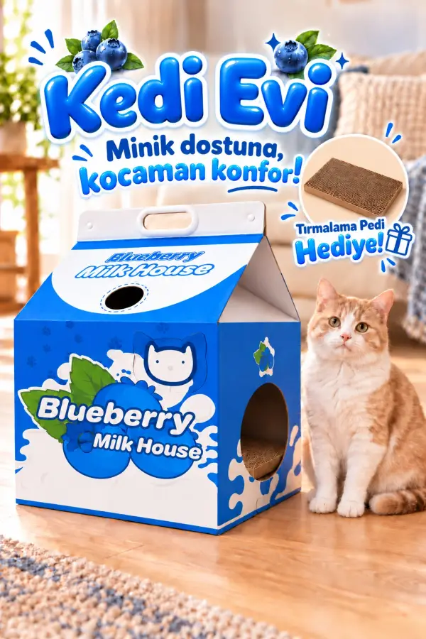 Karton Kedi Evi – Yaban Mersini Katlanabilir Süt Kutusu Tasarımı, Tırmalama Pedi Hediyeli Sempatik Kedi Evi