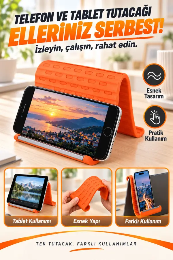 Esnek Silikon Telefon ve Tablet Tutacağı – Şekil Verilebilir Masaüstü Standı, Turuncu