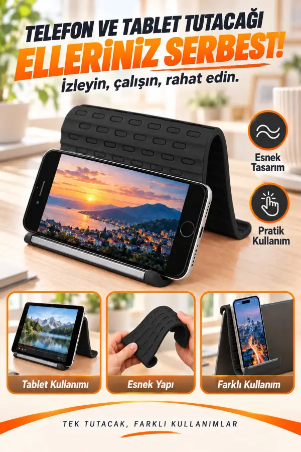 Esnek Silikon Telefon ve Tablet Tutacağı – Şekil Verilebilir Masaüstü Standı, SİYAH