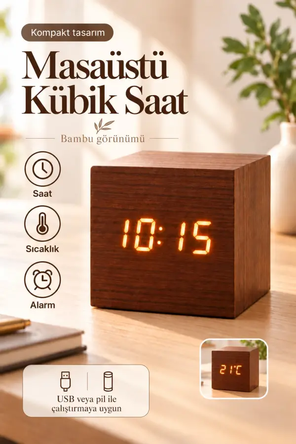 Ahşap Dijital Kübik Masa Saati Termometre ve Alarm
