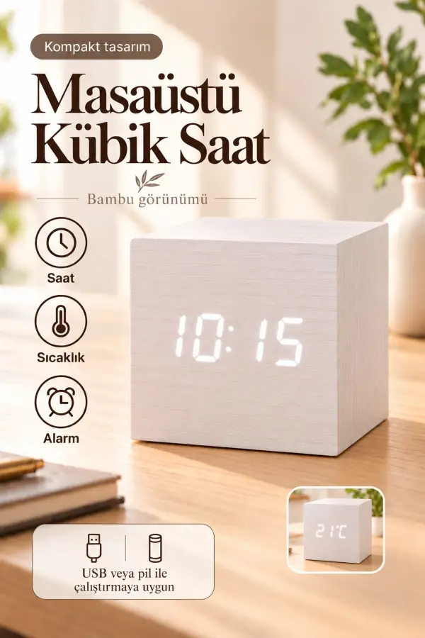 Ahşap Dijital Kübik Masa Saati Termometre ve Alarm