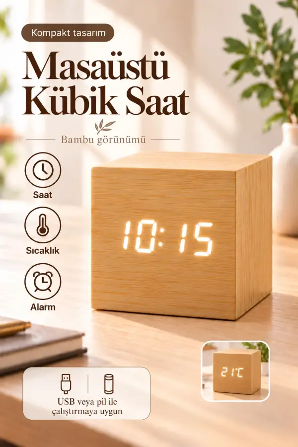 Ahşap Dijital Kübik Masa Saati Termometre ve Alarm