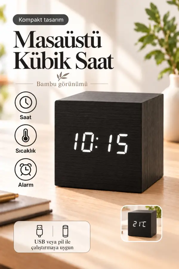Ahşap Dijital Kübik Masa Saati Termometre ve Alarm