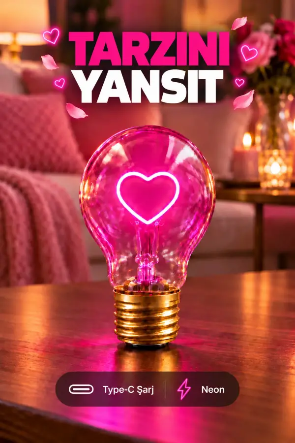 Kalp Şeklinde Neon Dekoratif Masa Lambası Ampul Şeklinde Yeni Nesil Aydınlatma Pembe