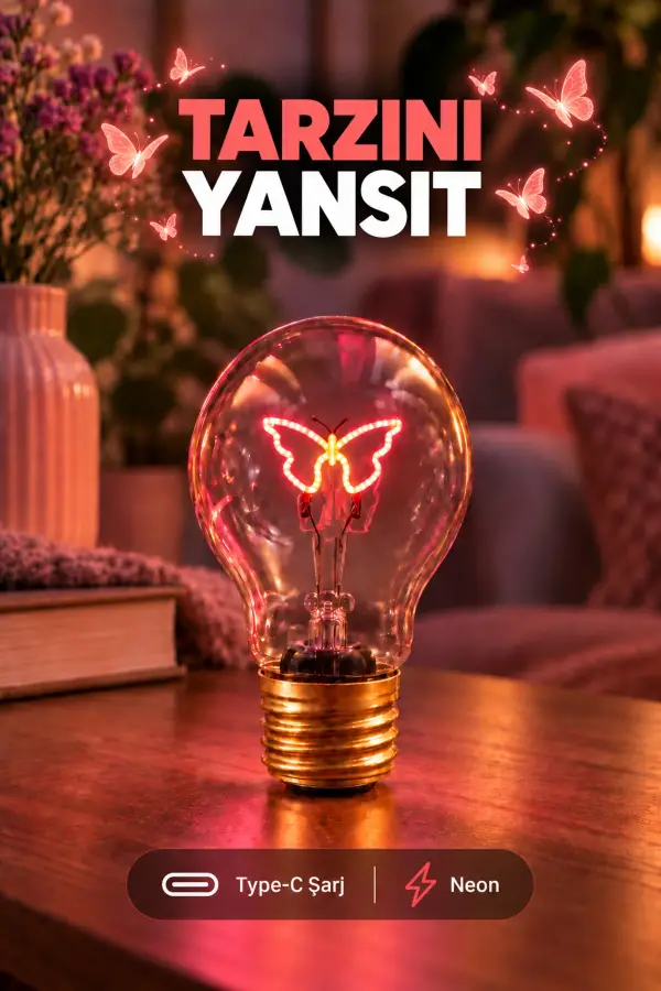 Kelebek Neon Dekoratif Masa Lambası Ampul Şeklinde Yeni Nesil Aydınlatma Pembe Kelebek