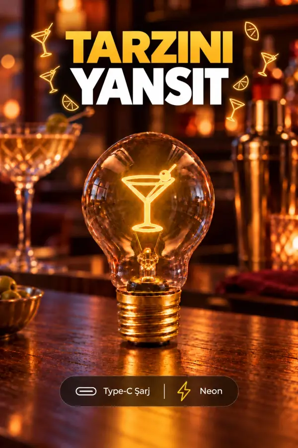 Kokteyl Şeklinde Neon Dekoratif Masa Lambası Ampul Şeklinde Yeni Nesil Aydınlatma