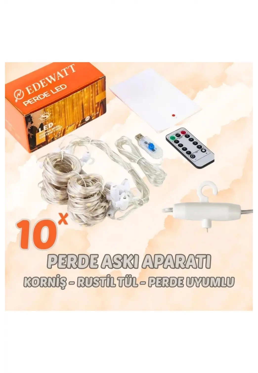 Perde Led 3mx3m Kumandalı 8 Fonksıyonlu 300 Ledli 10 Sarkıtlı Peri Ledi Usb Girişli