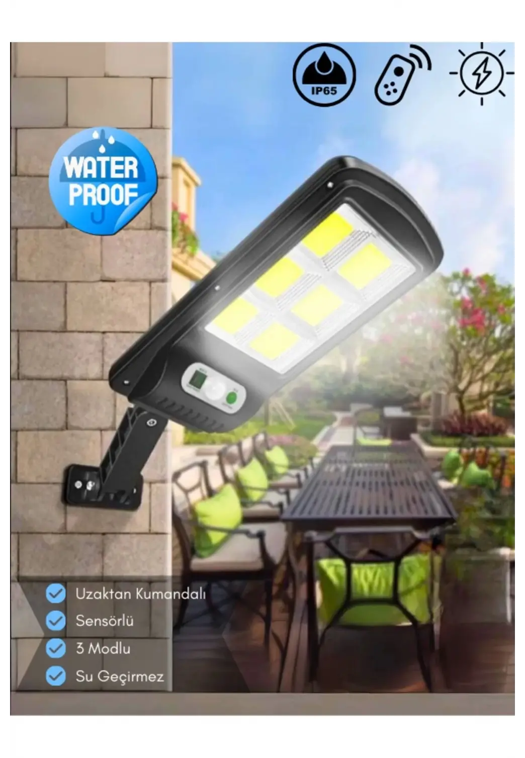 Güneş Enerjili Sokak Lambası Solar Duvar Lambası Hareket Sensörlü 3Mod Uzaktan Kumanda 120 Led Garaj