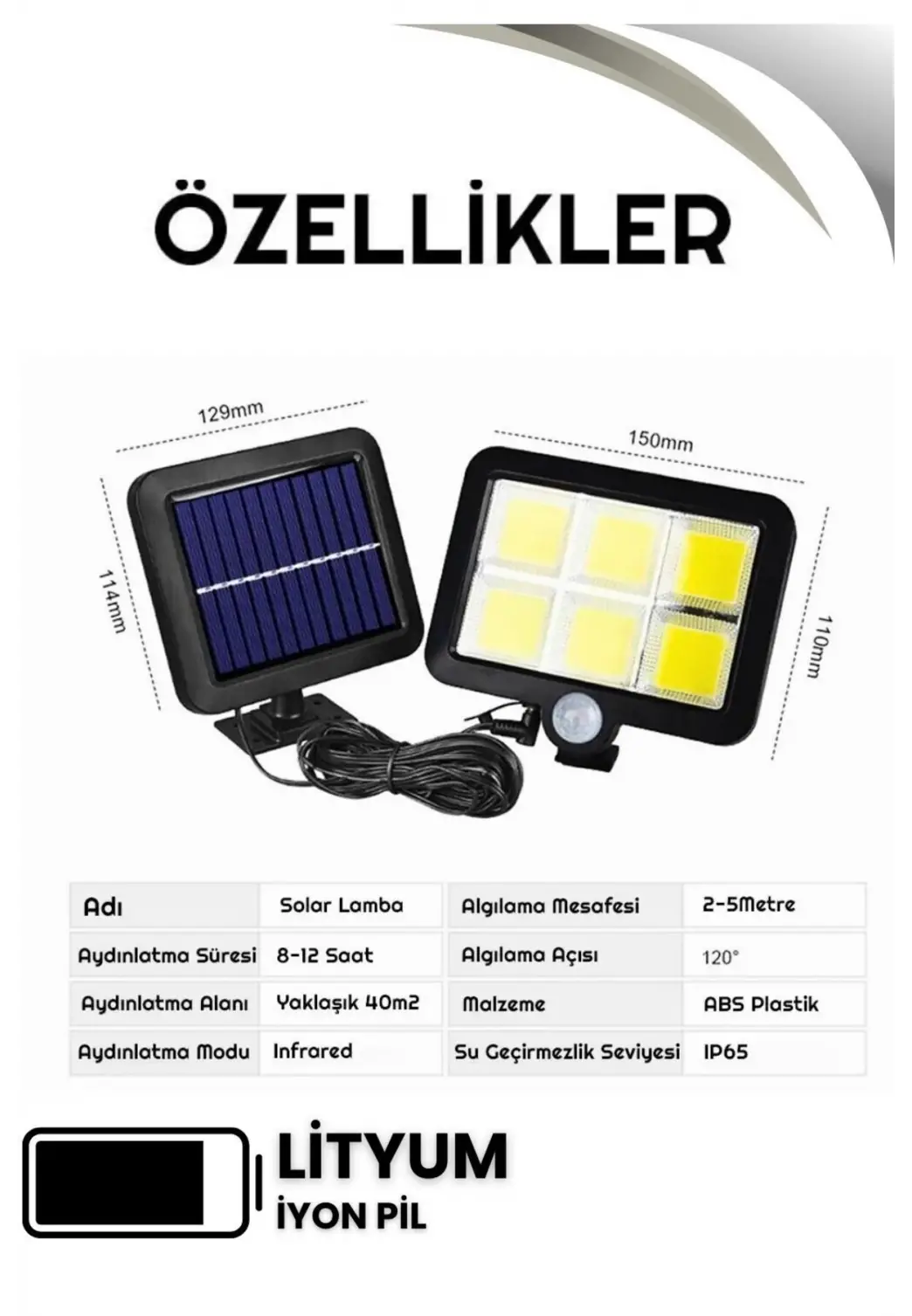 120 LED Ayrı Solar Panel Güneş Enerjili 3 Mod Duvar Lambası 5 METRE Kablolu Bahçe Aydınlatma