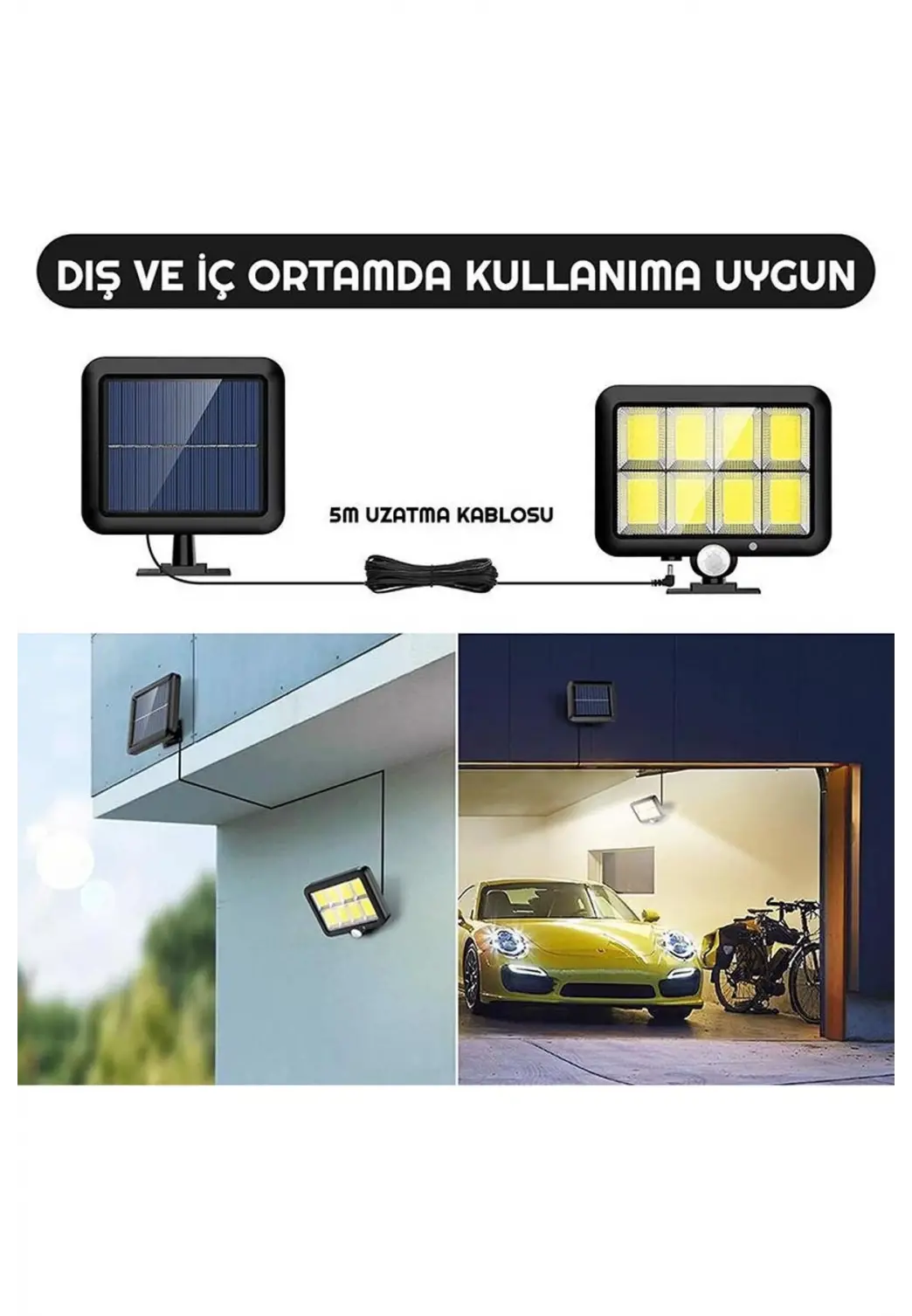 120 LED Ayrı Solar Panel Güneş Enerjili 3 Mod Duvar Lambası 5 METRE Kablolu Bahçe Aydınlatma
