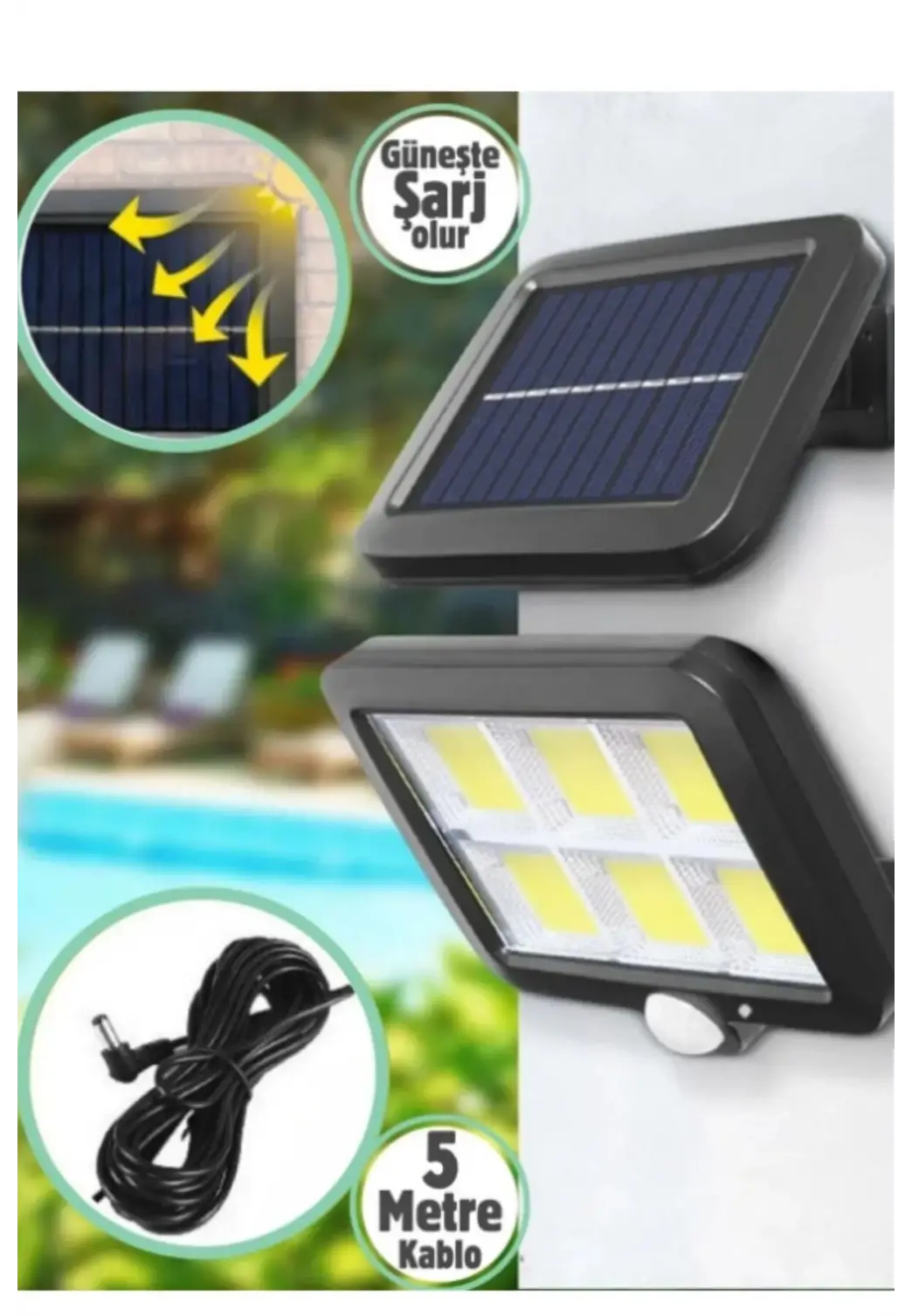 120 LED Ayrı Solar Panel Güneş Enerjili 3 Mod Duvar Lambası 5 METRE Kablolu Bahçe Aydınlatma