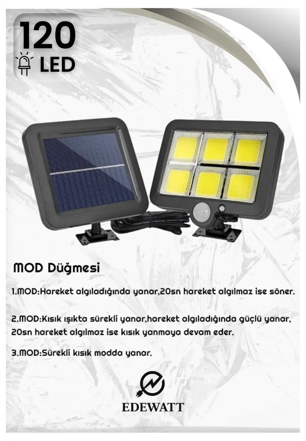 120 LED Ayrı Solar Panel Güneş Enerjili 3 Mod Duvar Lambası 5 METRE Kablolu Bahçe Aydınlatma
