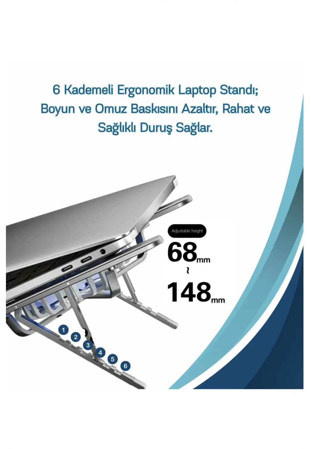 Alüminyum Katlanır Fanlı 6 Kademeli Laptop Macbook Uyumlu Notebook Yükseltici Tutucu Stand