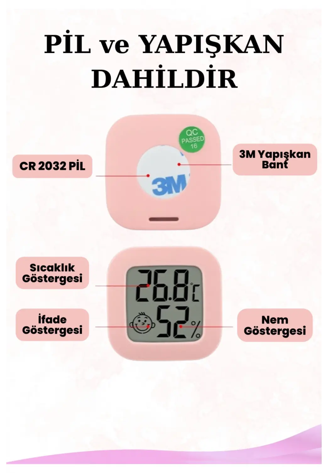 Mini Akıllı Sıcaklık Nem Ölçer LCD Oda Termometre Duvara Takılabilen Masaüstü Isı Göstergesi PEMBE