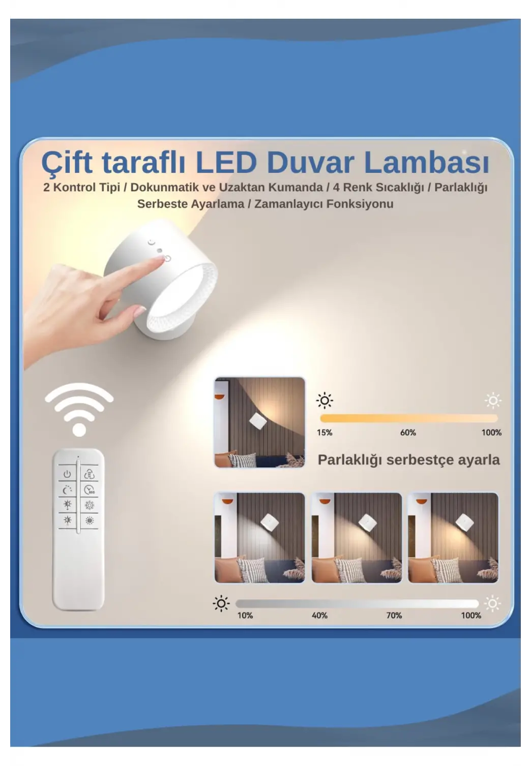 Mıknatıslı Uzaktan Kumandalı Çift Taraflı Duvar Aplik LED Aydınlatma 3 Renk USB Şarjlı