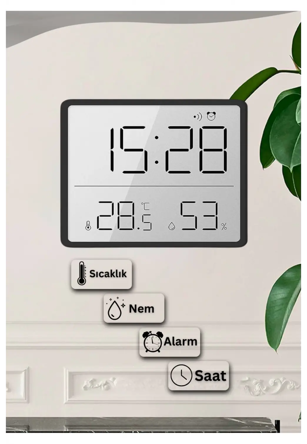 Dijital Duvar Saati Termometre Sıcaklık Ve Nem Ölçer Masa Saati Alarm LCD Ekran Duvara Takılır SİYAH