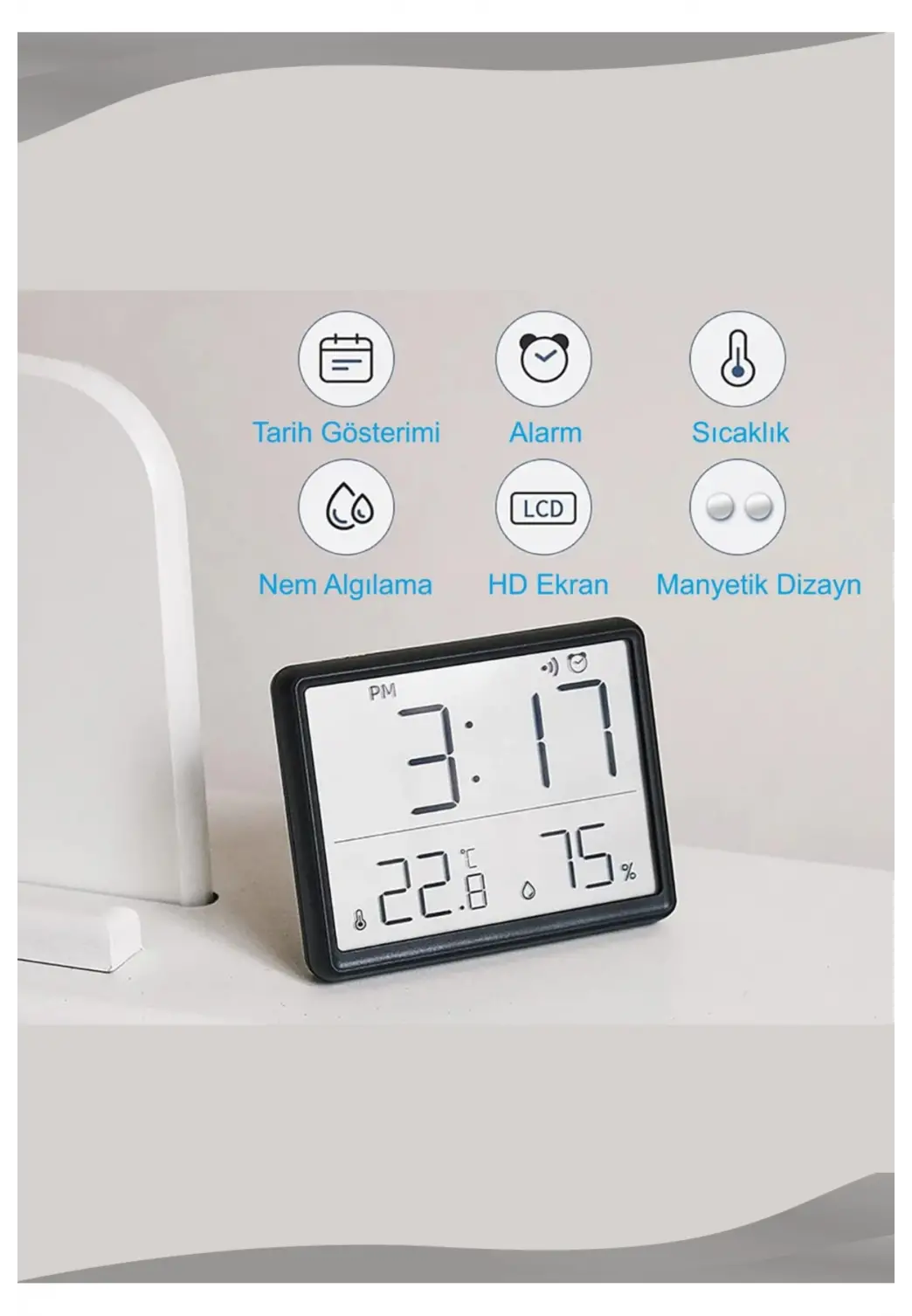 Dijital Duvar Saati Termometre Sıcaklık Ve Nem Ölçer Masa Saati Alarm LCD Ekran Duvara Takılır SİYAH