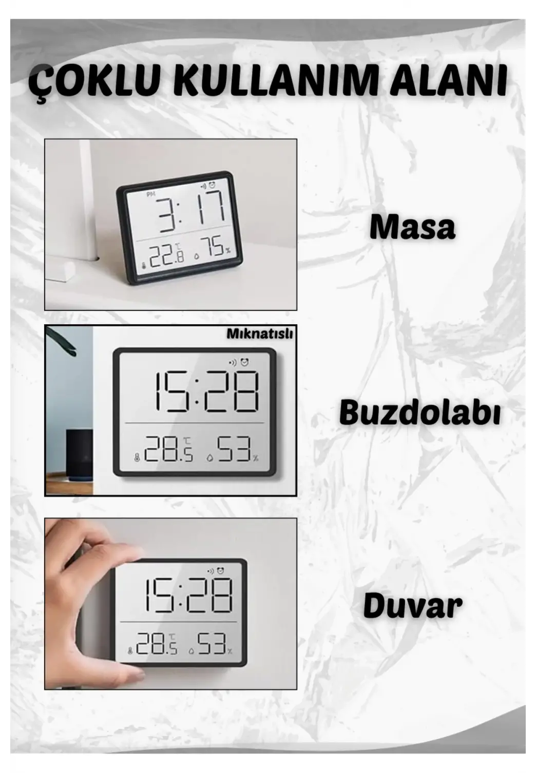 Dijital Duvar Saati Termometre Sıcaklık Ve Nem Ölçer Masa Saati Alarm LCD Ekran Duvara Takılır SİYAH