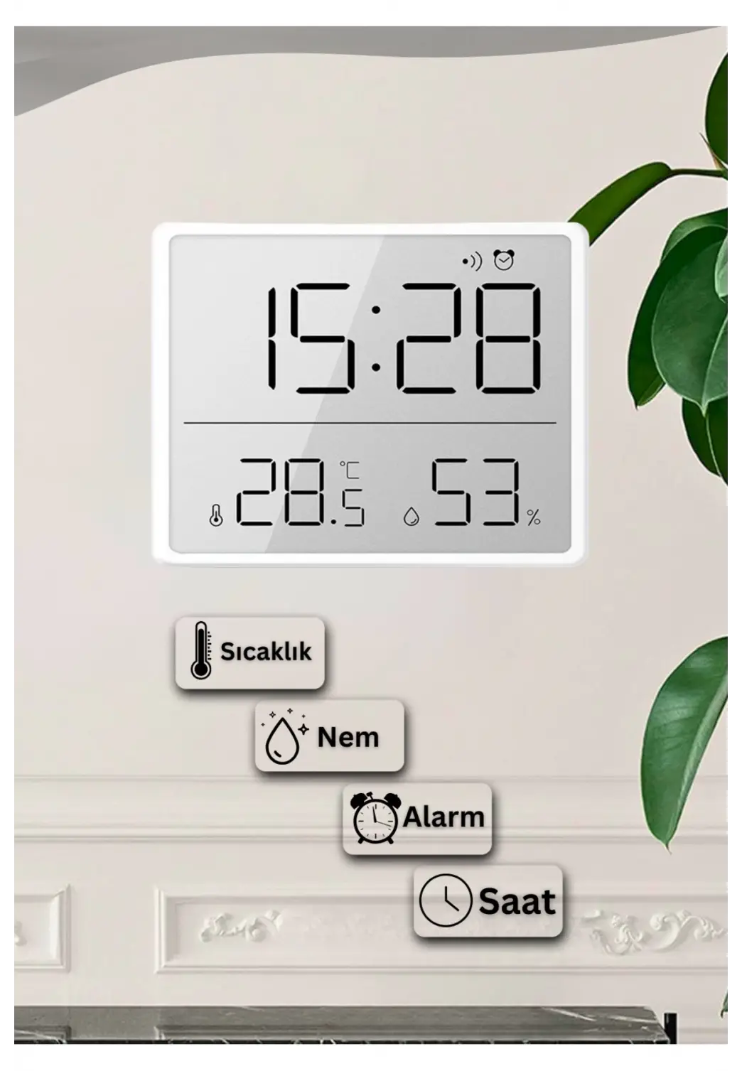 Dijital Duvar Saati Termometre Sıcaklık Ve Nem Ölçer Masa Saati Alarm LCD Ekran Duvara Takılır BEYAZ