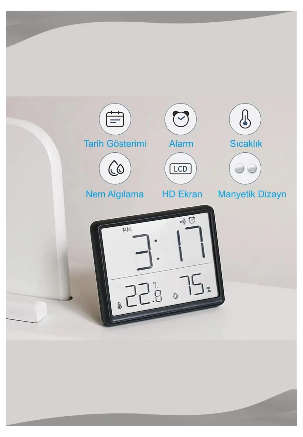 Dijital Duvar Saati Termometre Sıcaklık Ve Nem Ölçer Masa Saati Alarm LCD Ekran Duvara Takılır BEYAZ