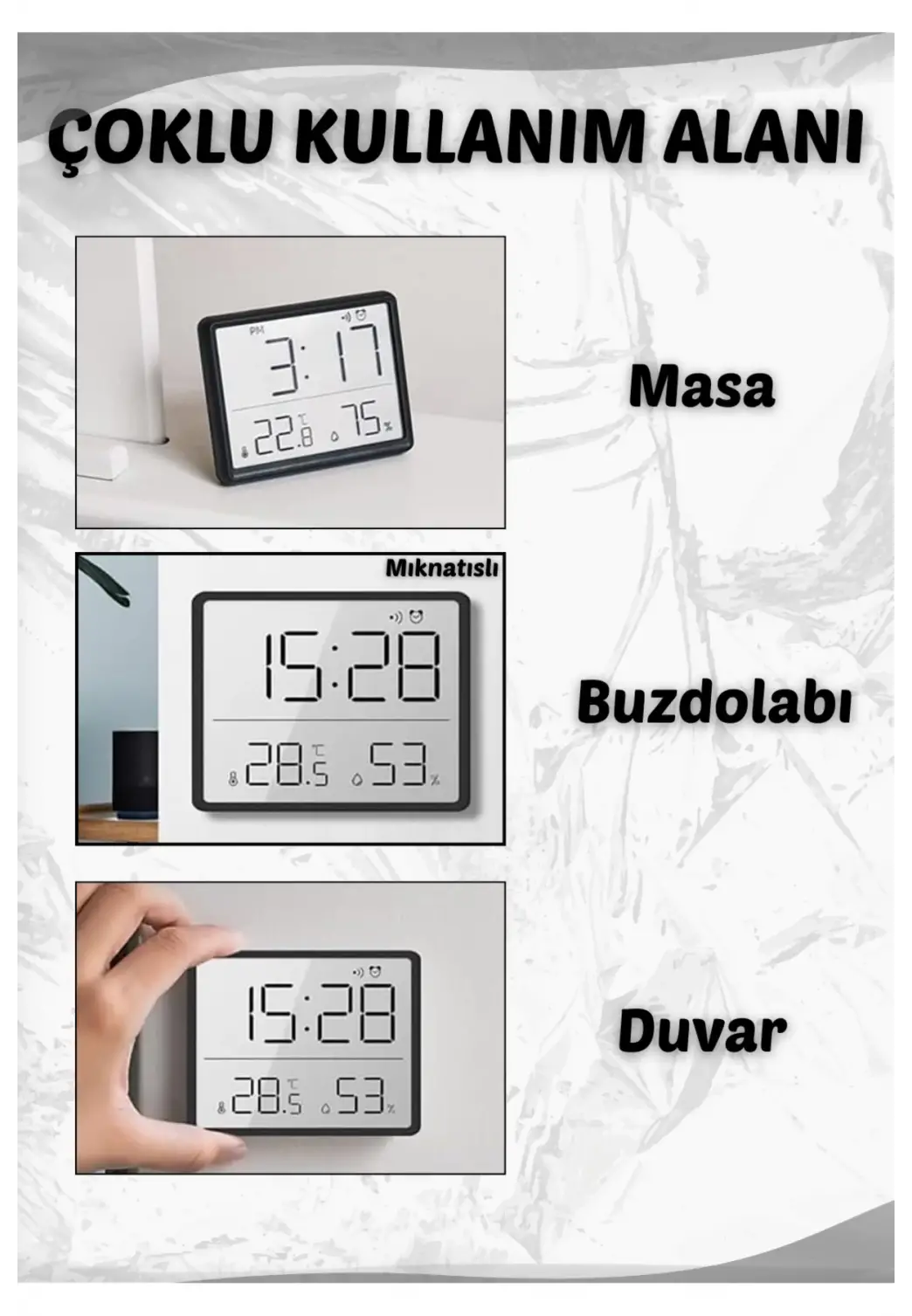 Dijital Duvar Saati Termometre Sıcaklık Ve Nem Ölçer Masa Saati Alarm LCD Ekran Duvara Takılır BEYAZ