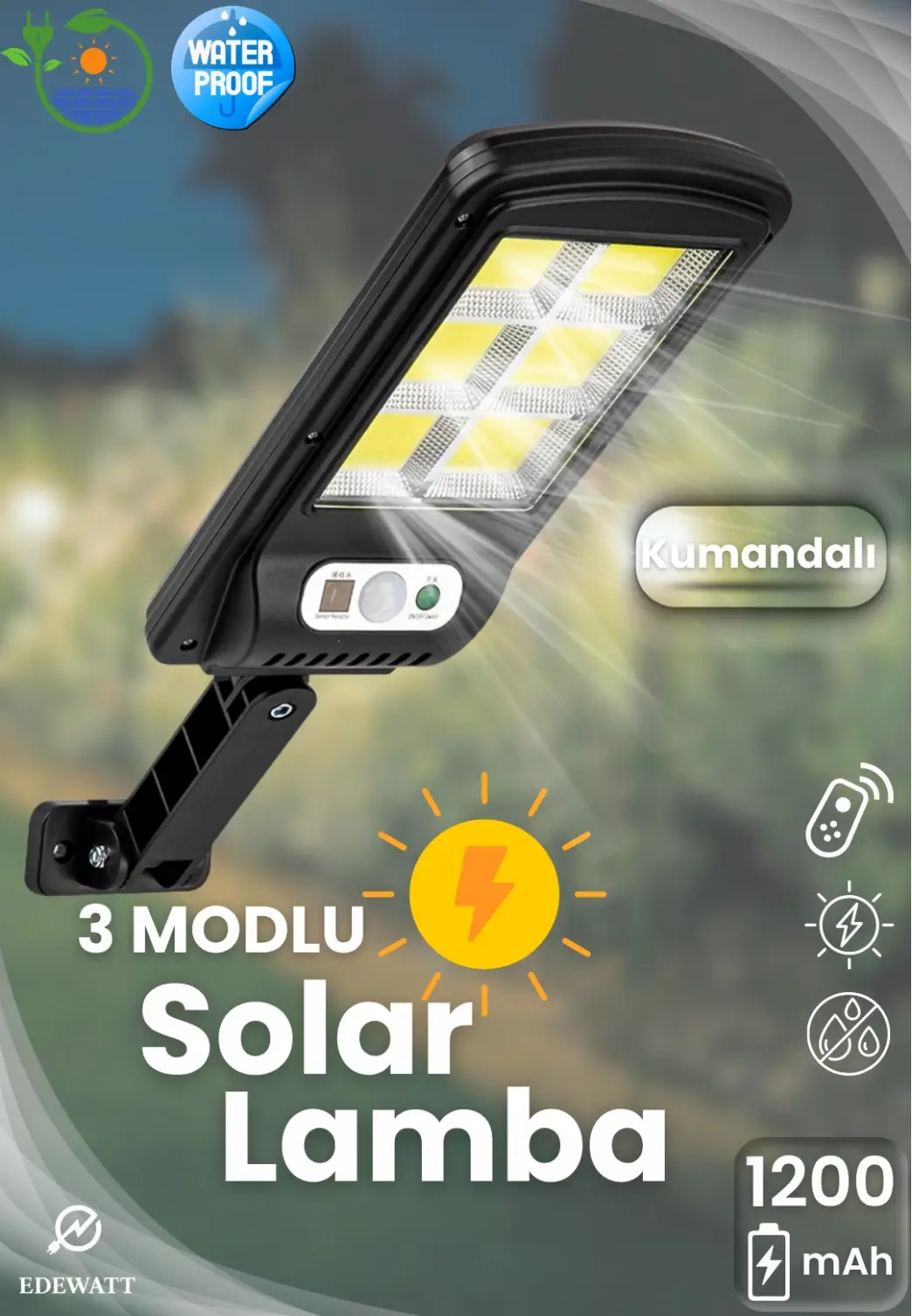 Güneş Enerjili Sokak Lambası Solar Duvar Lambası Hareket Sensörlü 3Mod Uzaktan Kumanda 120 Led Garaj