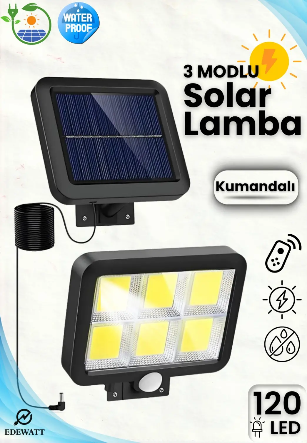 120 LED Ayrı Solar Panel Güneş Enerjili 3 Mod Duvar Lambası 5 METRE Kablolu Bahçe Aydınlatma