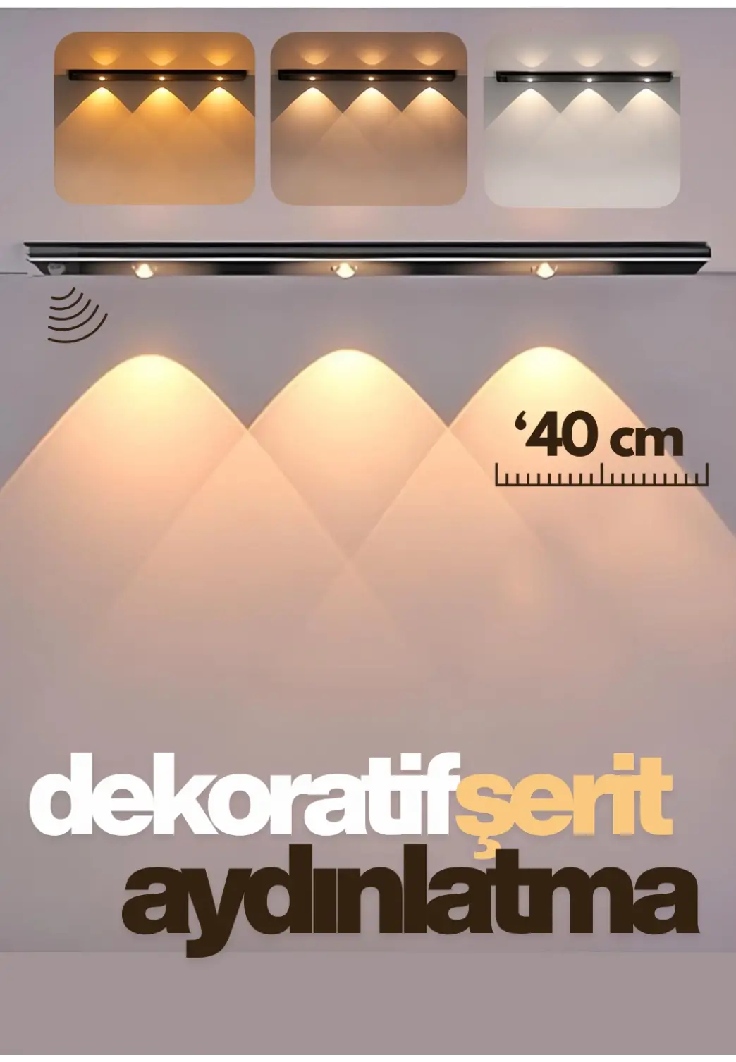 Sensörlü Şarjlı Dekoratif Gece Lambası Mutfak Geçmeli 3 Farklı Işık Rengi 40cm ŞERİT LED