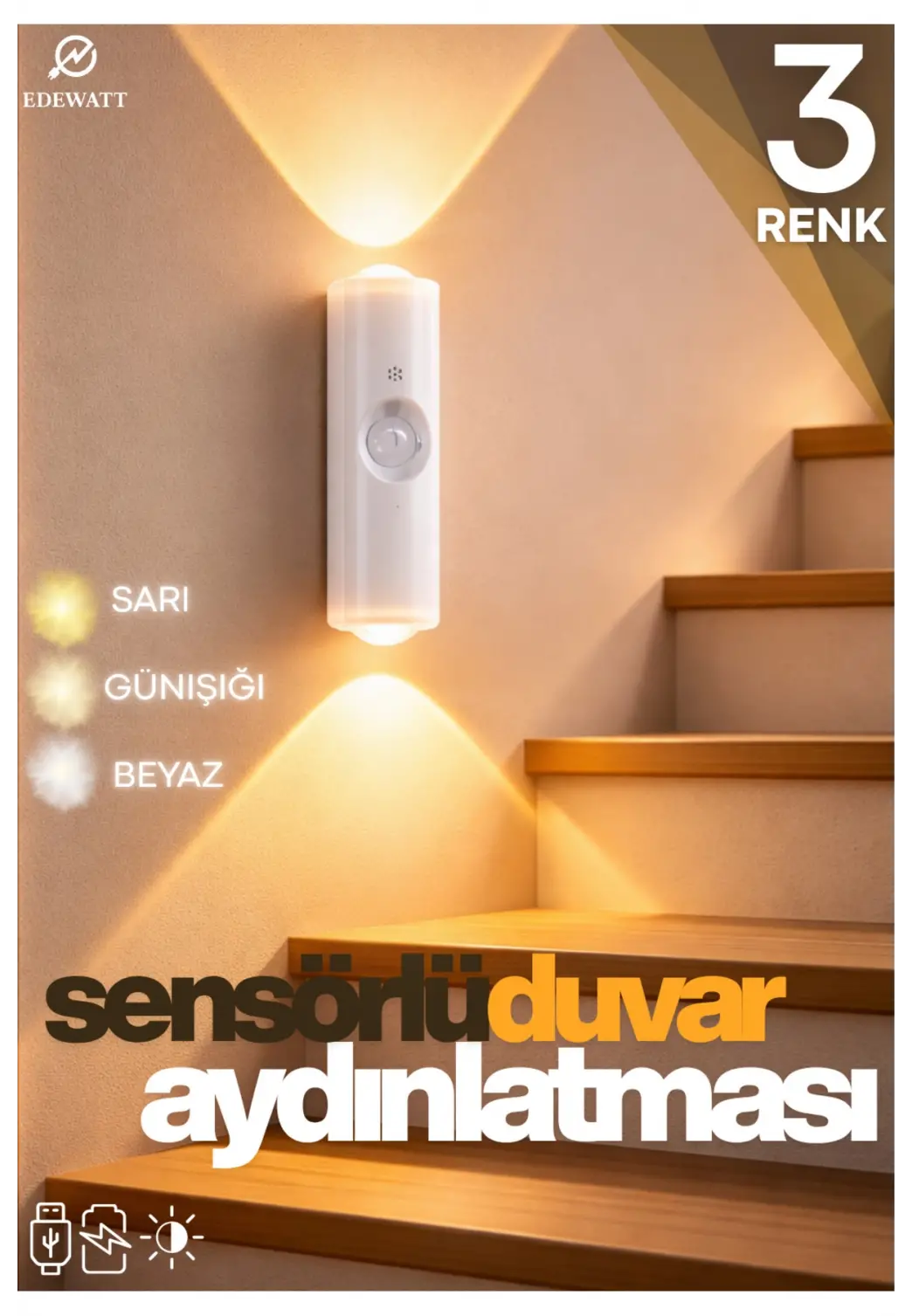 Hareket Sensörlü Usb Şarj Edilebilir Çift Taraflı Üç Renk Led Gece Lambası Dolap İçi Koridor