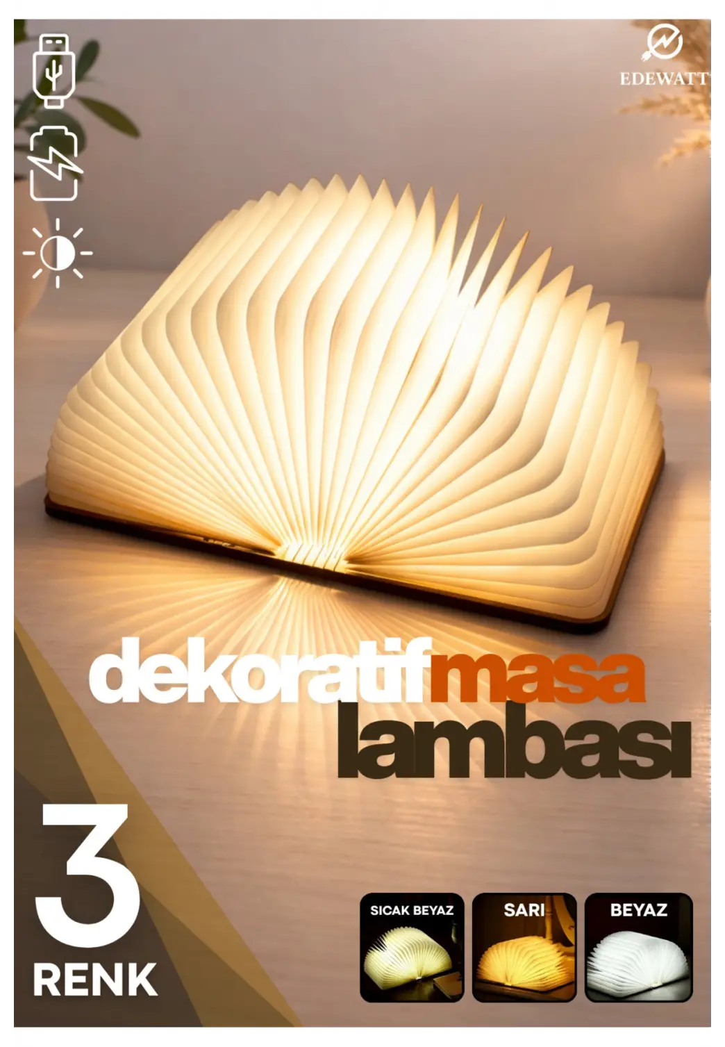 Kitap Şeklinde Masa Lambası 3 Renk Usb Şarj Edilebilir