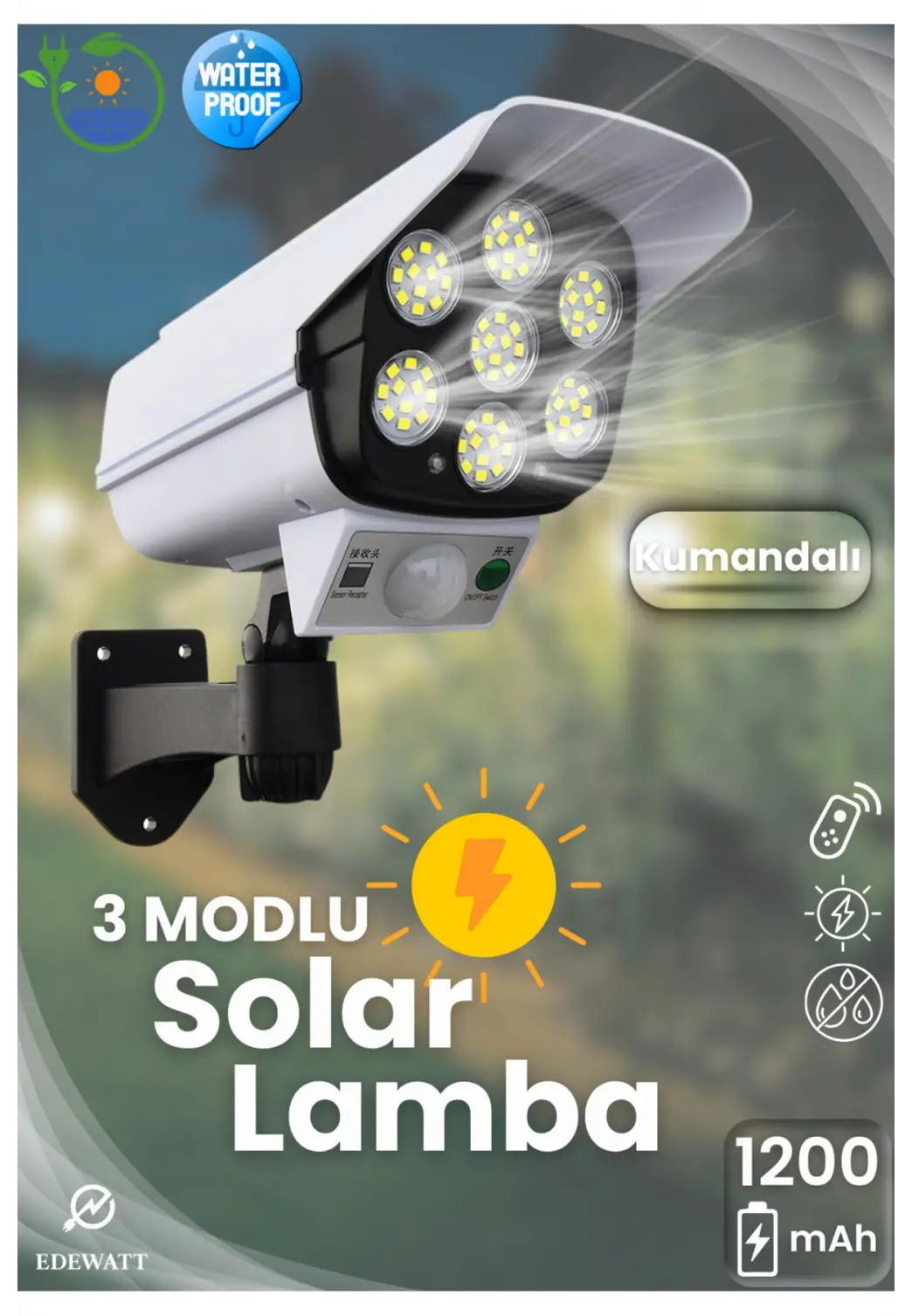 Kamera Görünümlü SOLAR LED Lamba Güneş Enerjilli Su Geçirmez Uzaktan Kumandalı