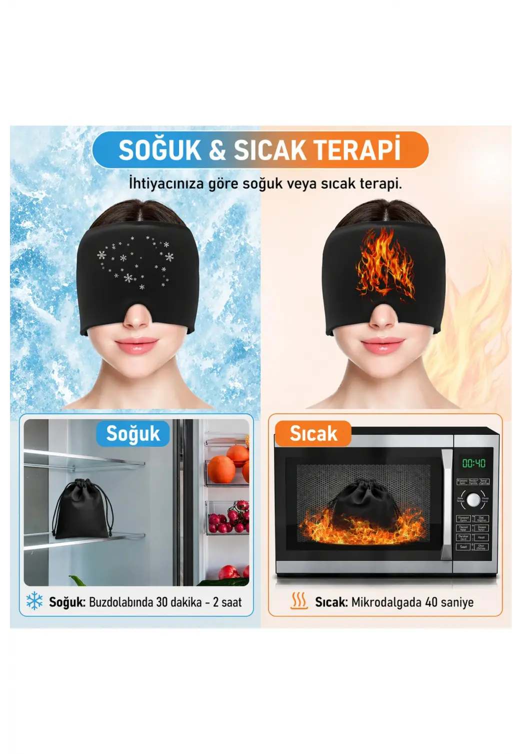 Rahatlatıcı Jel Bandaj Sıcak & Soğuk Kompres Şapka Termo Jel Esnek Siyah