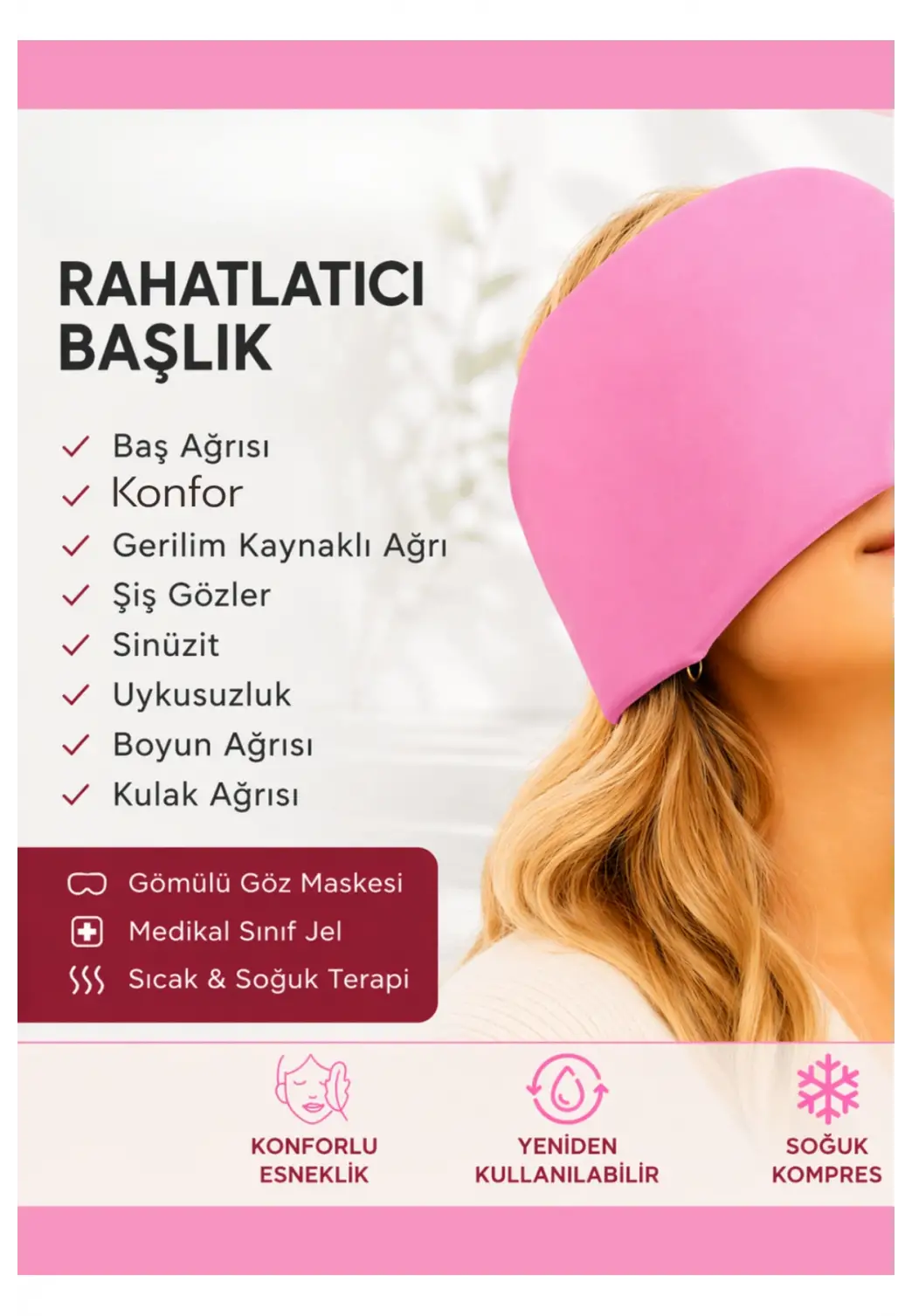 Rahatlatıcı Jel Bandaj Sıcak & Soğuk Kompres Şapka Termo Jel Esnek Pembe