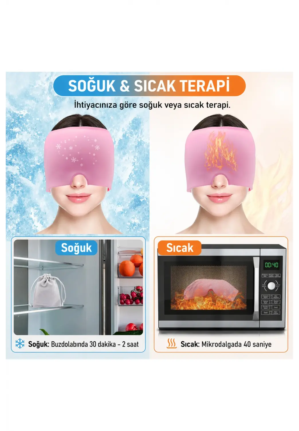 Rahatlatıcı Jel Bandaj Sıcak & Soğuk Kompres Şapka Termo Jel Esnek Pembe
