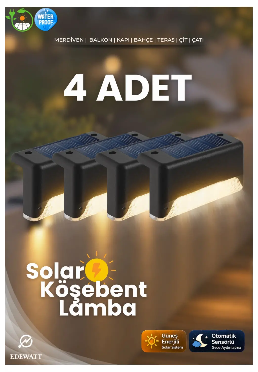 4 Adet L Solar Led Güneş Enerjili Su Geçirmez Köşebent Led Işık Merdiven Veranda Bahçe Aydınlatma