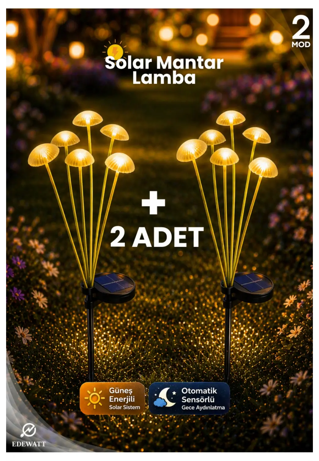 2 ADET Dekoratif Mantar Görünümlü 6lı SOLAR LED Lamba Güneş Enerjili Su Geçirmez Bahçe Aydınlatma