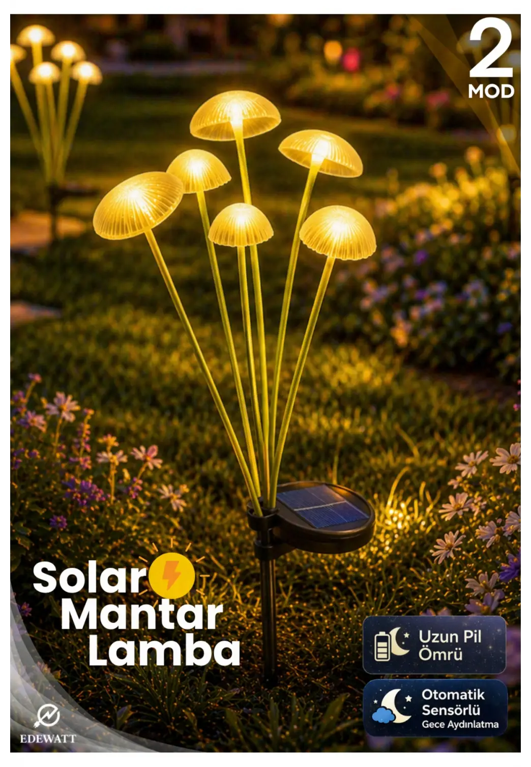 2 ADET Dekoratif Mantar Görünümlü 6lı SOLAR LED Lamba Güneş Enerjili Su Geçirmez Bahçe Aydınlatma