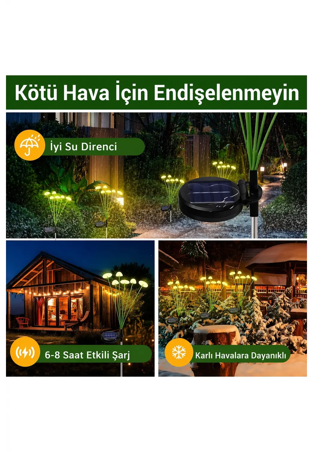 2 ADET Dekoratif Mantar Görünümlü 6lı SOLAR LED Lamba Güneş Enerjili Su Geçirmez Bahçe Aydınlatma