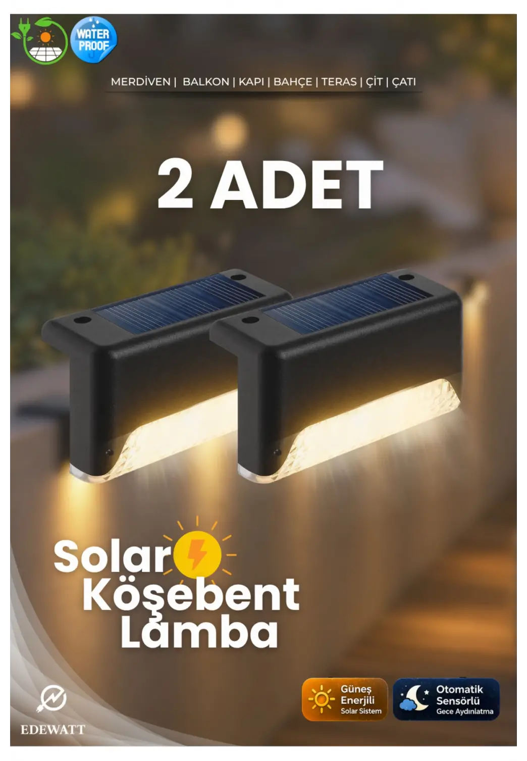 2 Adet L Solar Led Güneş Enerjili Su Geçirmez Köşebent Led Işık Merdiven Veranda Bahçe Aydınlatma