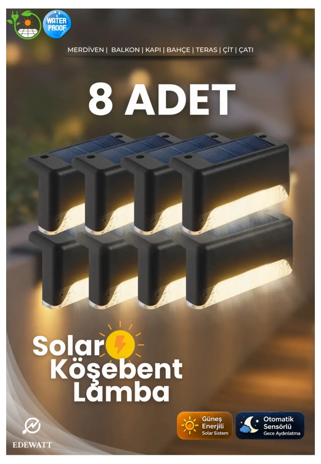 8 Adet L Solar Led Güneş Enerjili Su Geçirmez Köşebent Led Işık Merdiven Veranda Bahçe Aydınlatma