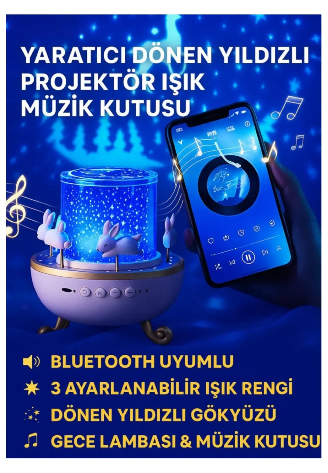 Döner Projeksiyon Gece Lambası Bluetooth Hoparlörlü Çocuk Gece Işığı Projektör 5 Farklı Yansıtma