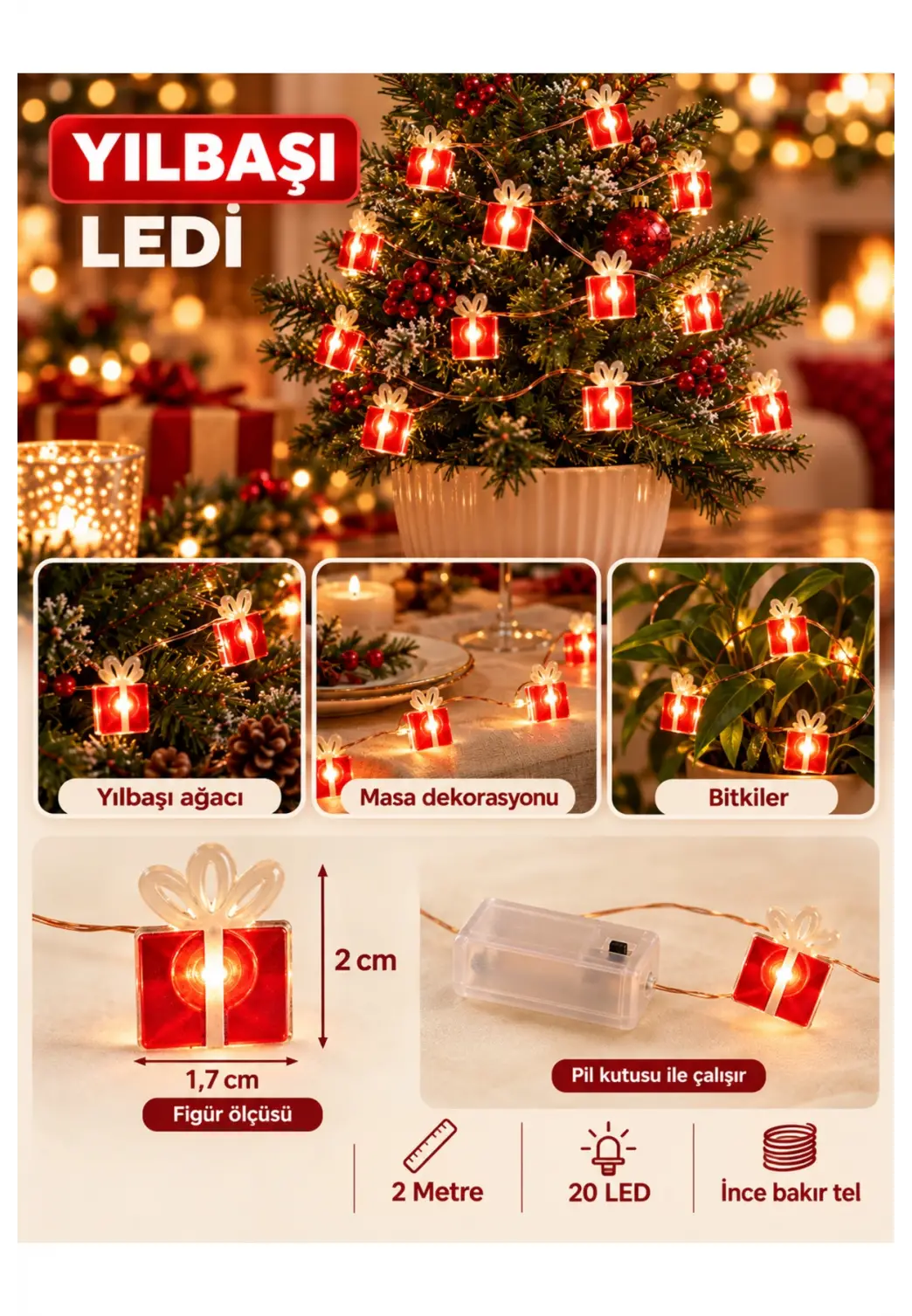 Yılbaşı Hediye Paketi Figürlü Led Işık 2 Metre Pilli Süsleme Ledi 20 Led Oda Masa Ağaç Dekoratif Süsleme Ledi