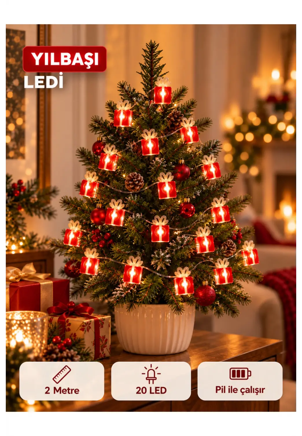 Yılbaşı Hediye Paketi Figürlü Led Işık 2 Metre Pilli Süsleme Ledi 20 Led Oda Masa Ağaç Dekoratif Süsleme Ledi