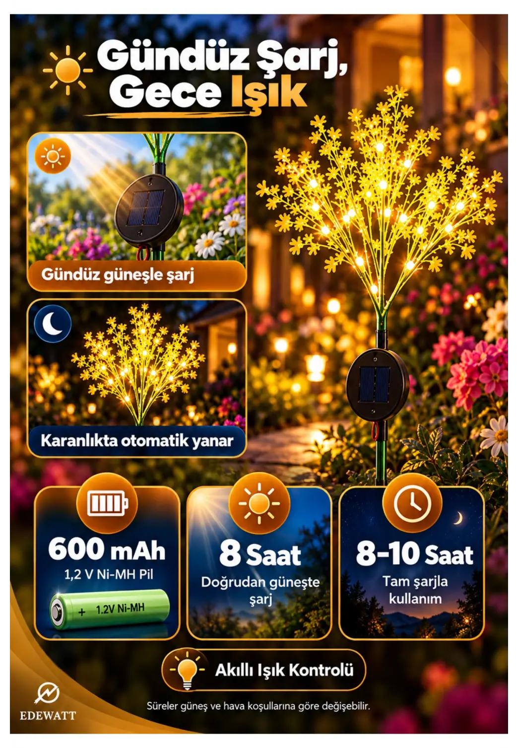 Dekoratif Çiçek Görünümlü SOLAR LED Lamba Güneş Enerjilli Su Geçirmez Bahçe Aydınlatma