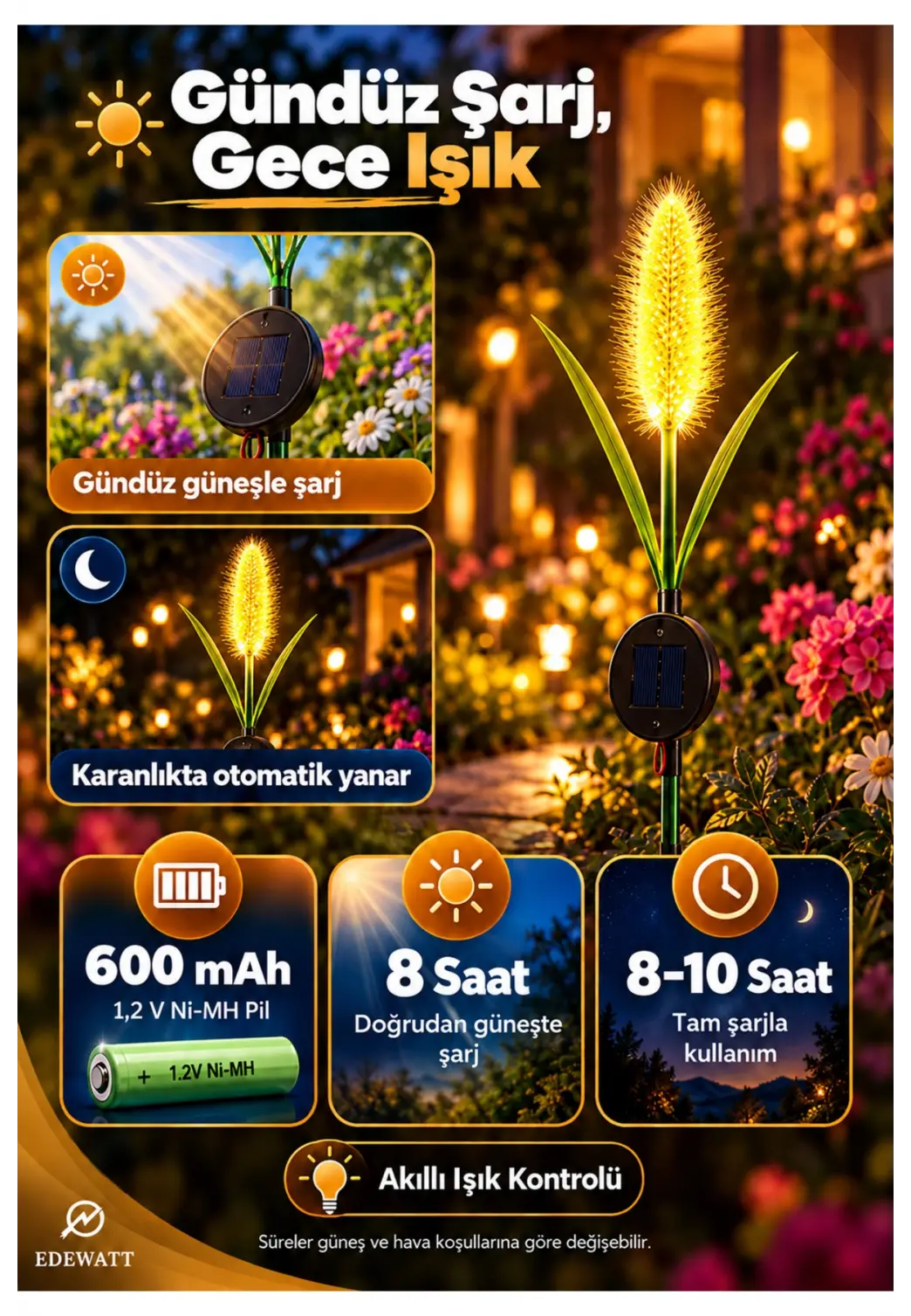 2 ADET Dekoratif Başak Görünümlü SOLAR LED Lamba Güneş Enerjilli Su Geçirmez Bahçe Aydınlatma