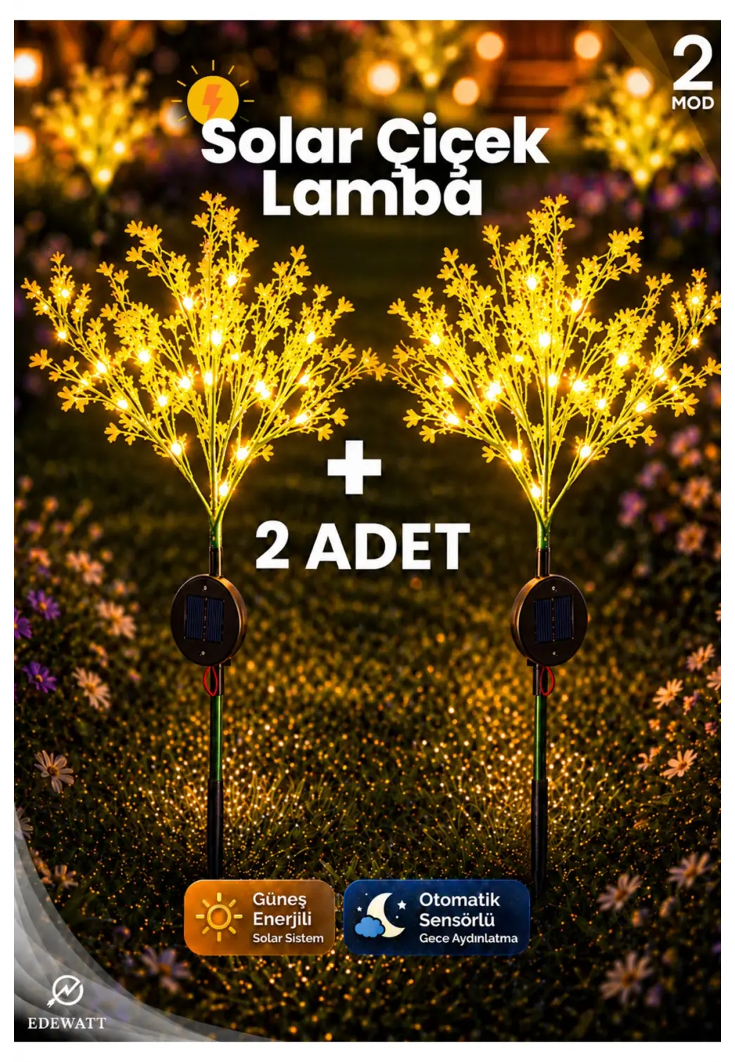 2 ADET Dekoratif Çiçek Görünümlü SOLAR LED Lamba Güneş Enerjilli Su Geçirmez Bahçe Aydınlatma