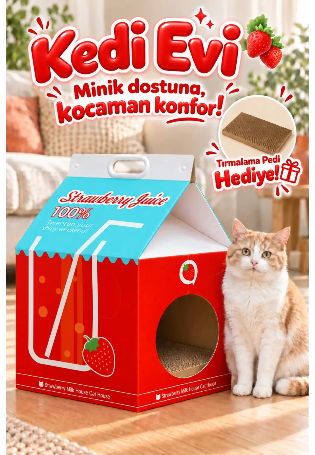 Çilek Desenli Karton Kedi Evi – Katlanabilir Süt Kutusu Tasarımı, Tırmalama Pedi Hediyeli Sempatik Kevi Yuvası