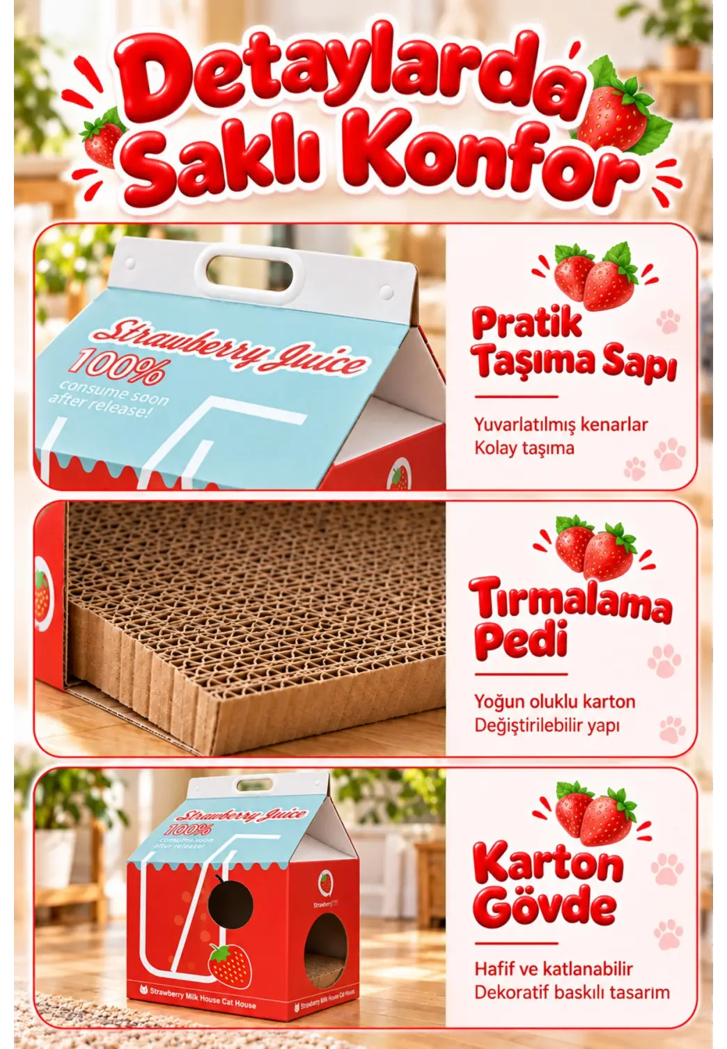 Çilek Desenli Karton Kedi Evi – Katlanabilir Süt Kutusu Tasarımı, Tırmalama Pedi Hediyeli Sempatik Kevi Yuvası